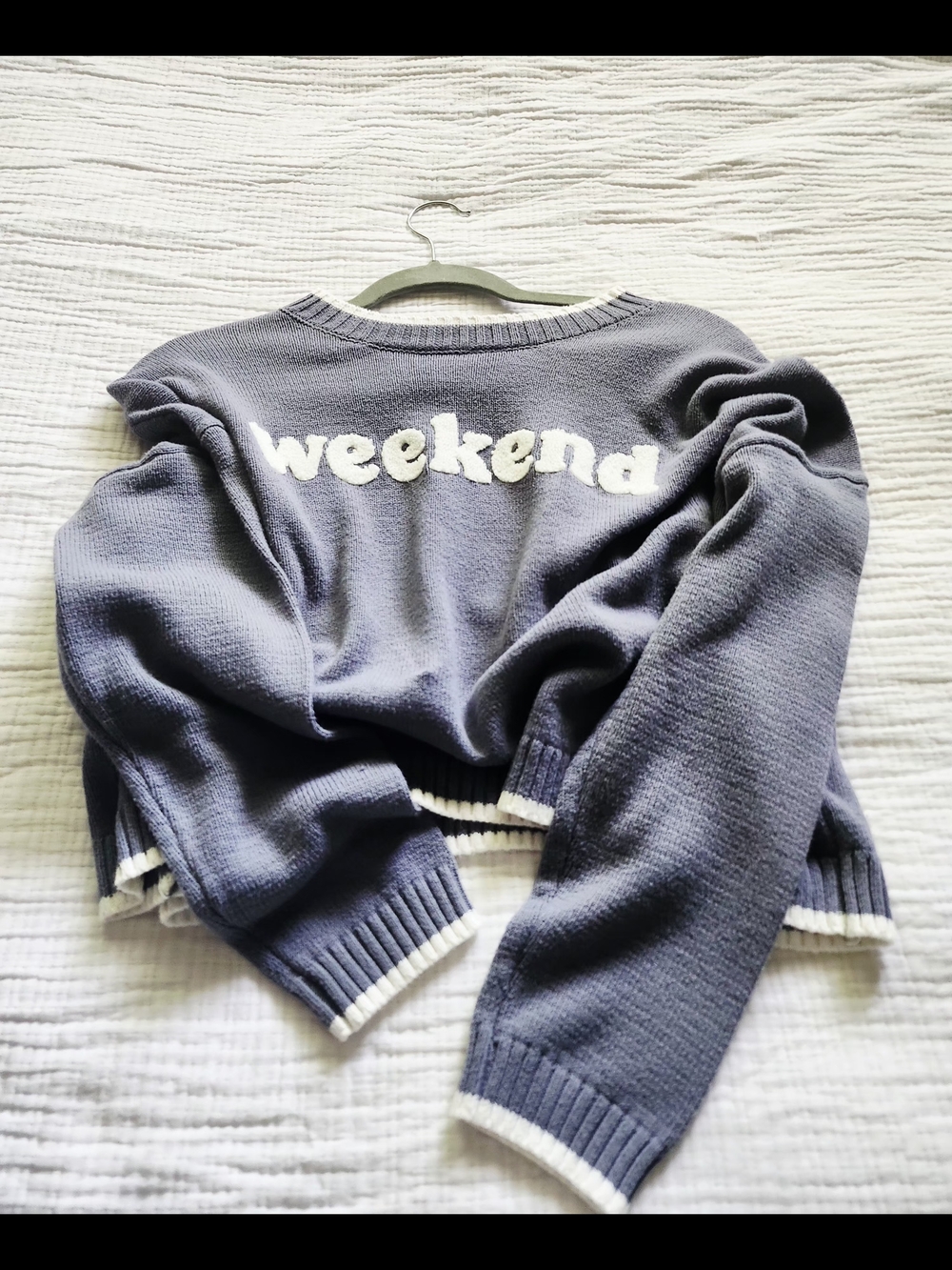 Cropped Sweater - Periwinkle "Weekend" Graphic Crewneck